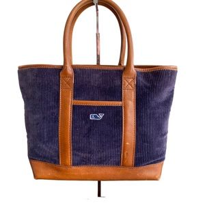 Vineyard Vines Martha’s Vineyard Navy Corduroy Brown Leather Accents Medium Tote